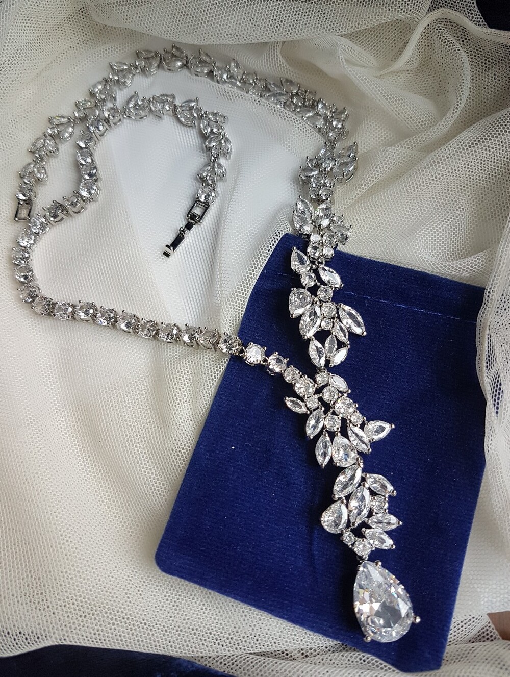 Swarovski Elements Platinum Teardrop & Marquis Statement Y Necklace NEW